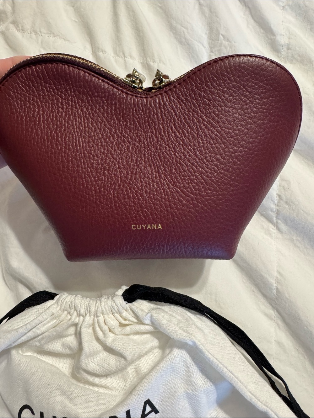 Cuyana Pebbled Leather Heart Pouch in Burgundy with Gold Hardware. New